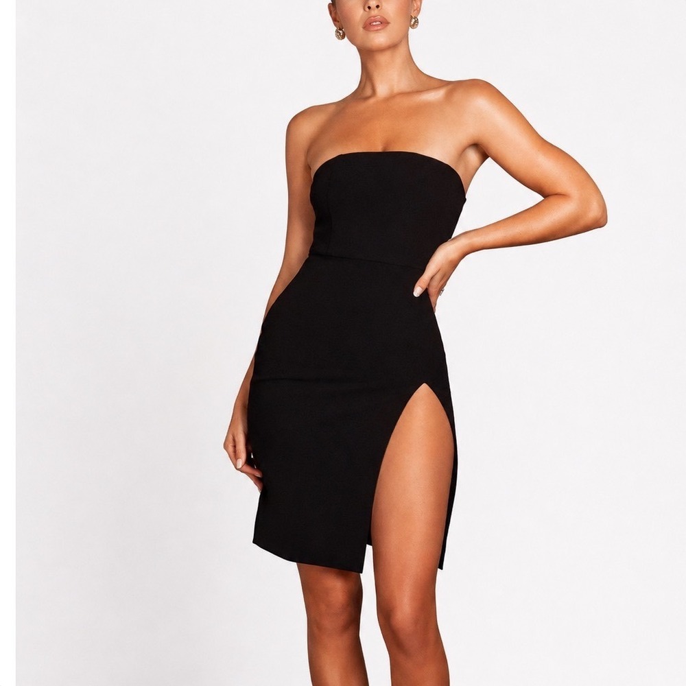 MESHKI Rachel Bandeau Mini Dress Womens Medium Black High Slit Evening Glam New
